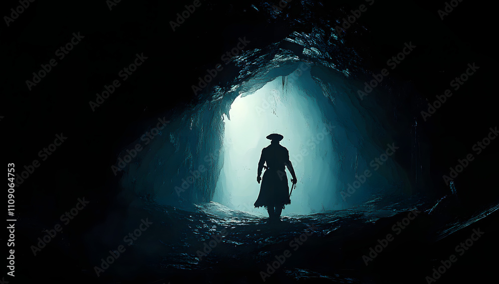 Silhouette of a Figure in a Dark Cave with Light at the End Silhouette of a Figure in a Dark Cave with Light at the End