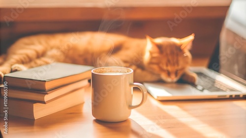 Coffee Cup and Books with Sleeping Cat - Golden Hour Home Office