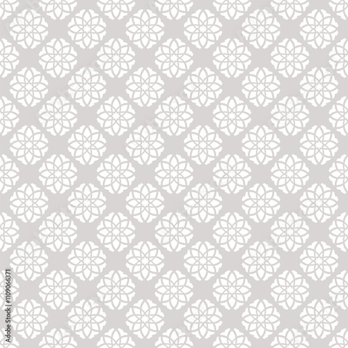 Vector seamless pattern in oriental style. Subtle abstract gray and white geometric ornament texture in traditional islamic, arabic, moroccan style. Luxury floral lattice background. Repeated design
