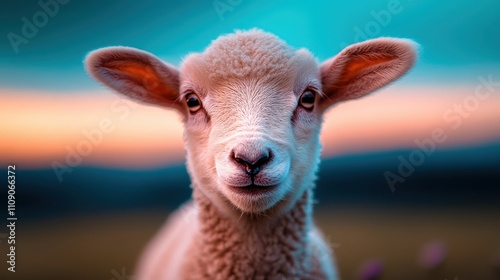 A delightful portrait of a sheep, showcasing its soft wool and expressive face, set against a breathtaking backdrop of a colorful sunset, evoking a sense of peace. photo