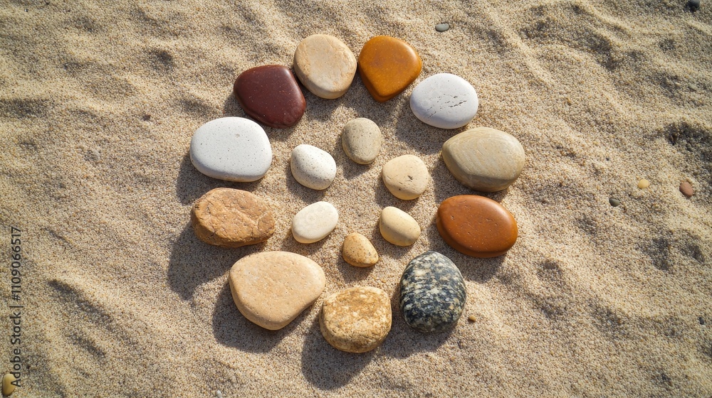 Obraz premium A circular arrangement of various stones on sand, resembling a flower design.