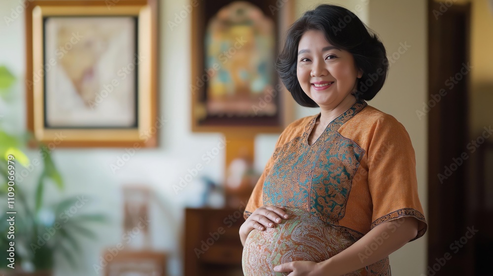 Radiant portrait of a middle-aged indonesian woman embracing pregnancy in traditional attire Radiant portrait of a middle-aged indonesian woman embracing pregnancy in traditional attire