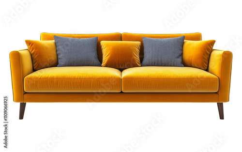 Bright Yellow Sofa with Cushions on Transparent Background