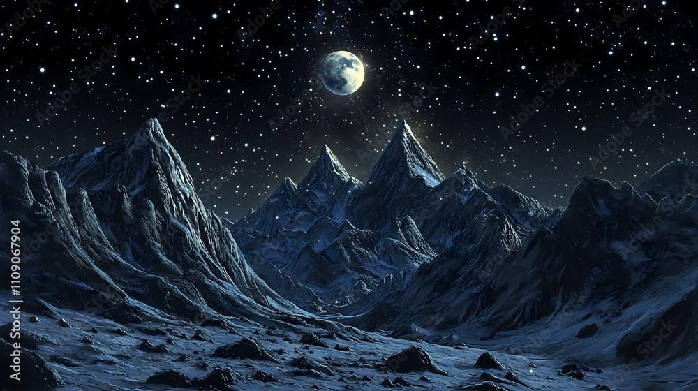 Fototapeta premium A Serene Night Landscape with Majestic Mountains Under a Starry Sky and a Bright Full Moon Casting Silver Light on the Snowy Terrain