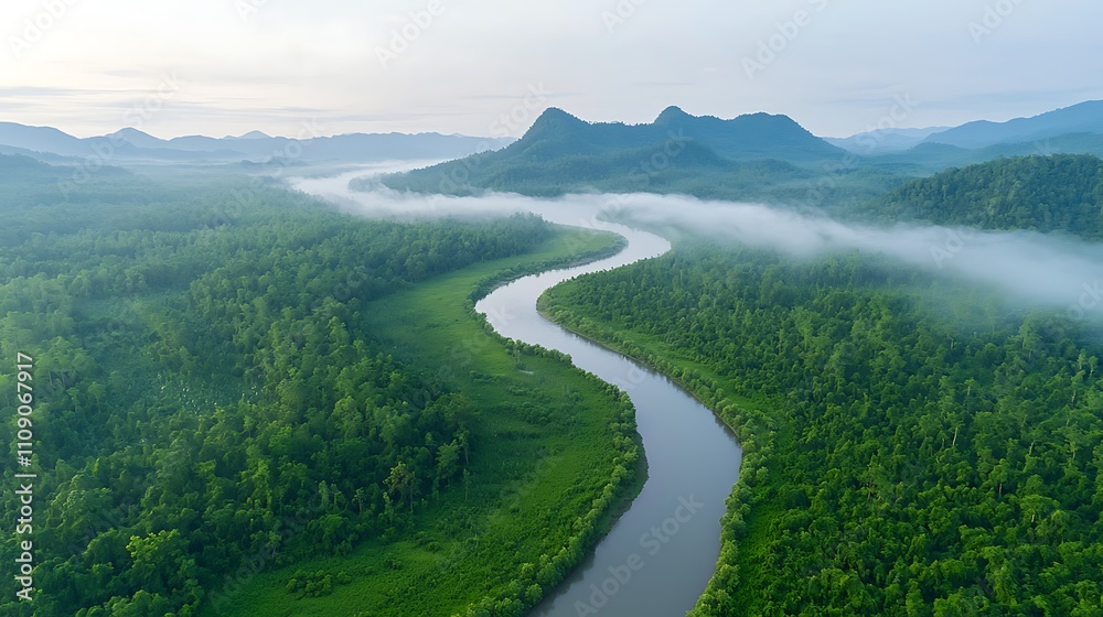 Fototapeta premium Majestic river meandering through lush forest aerial view nature landscape tranquil environment