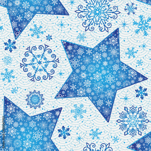 Vector seamless Christmas hand drown pattern with snowflakes and stars on a white background