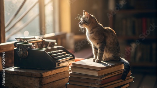 Cat and Vintage Typewriter - Golden Hour Writing Studio