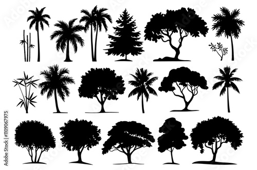 Set of various trees silhouettes vector, Tree nature silhouette, Set of Tree nature silhouette branch plant leaf forest vector trees, black Silhouette illustration of different tree set
