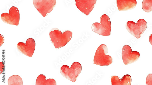 A pattern of red watercolor hearts on a white background, evoking love and affection.