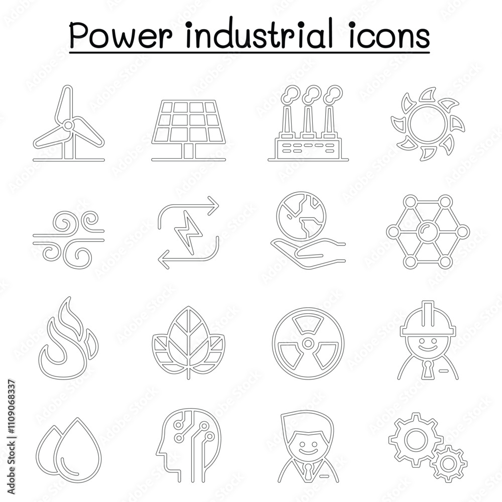 Fototapeta premium Power & Energy industrial icon set in thin line style