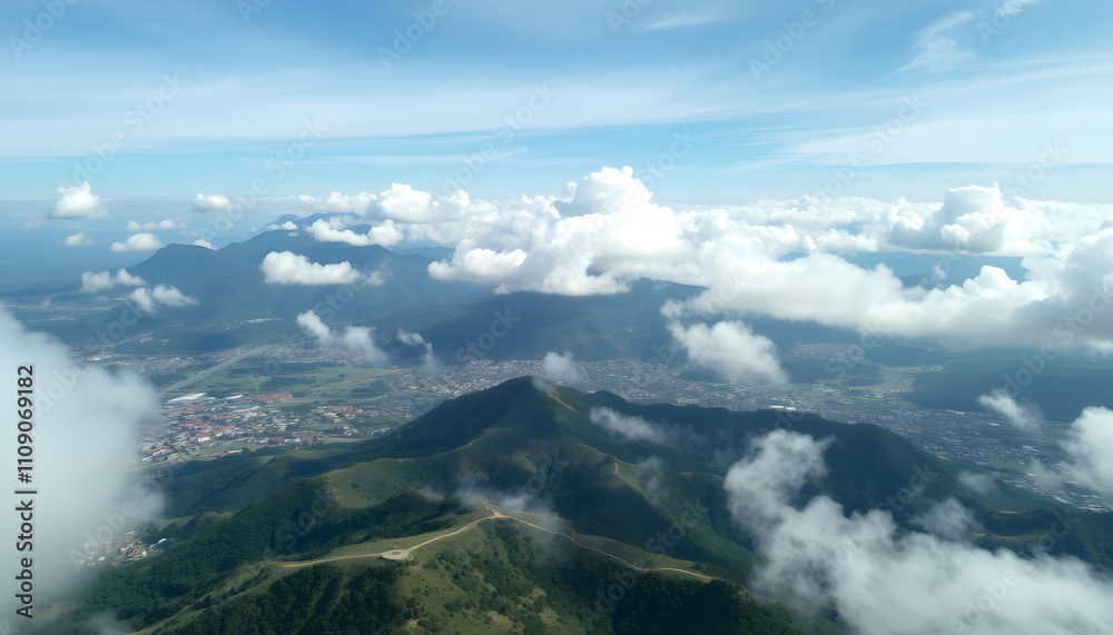 Drone perspective of cloud-capped mountains and towns in Central Valleys of Oaxaca with a white accent, png Drone perspective of cloud-capped mountains and towns in Central Valleys of Oaxaca with a white accent, png
