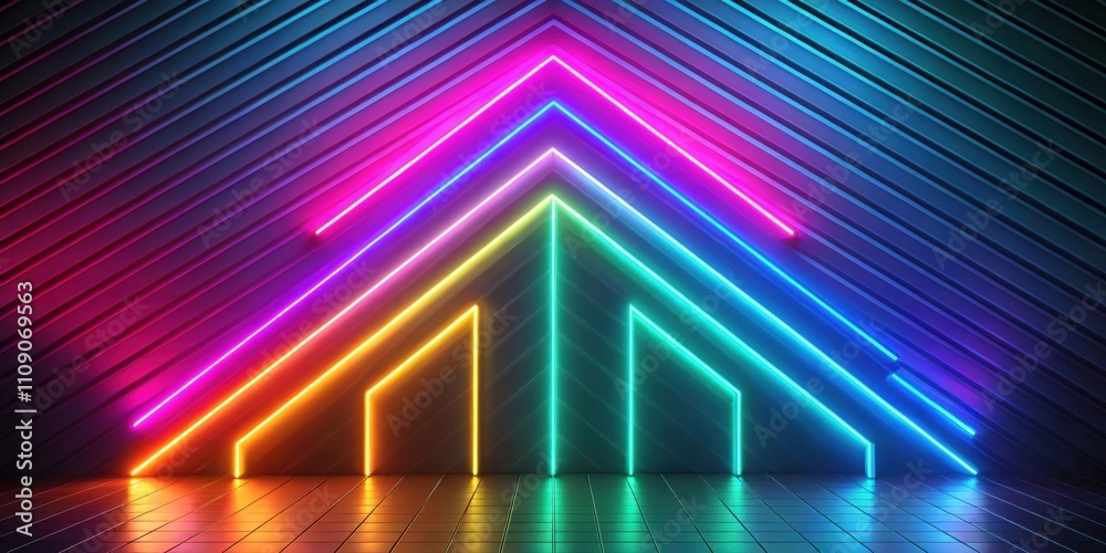 Fototapeta premium Colorful neon ascending arrow in abstract minimalist geometric background, render, abstract, minimalist, geometric, colorful