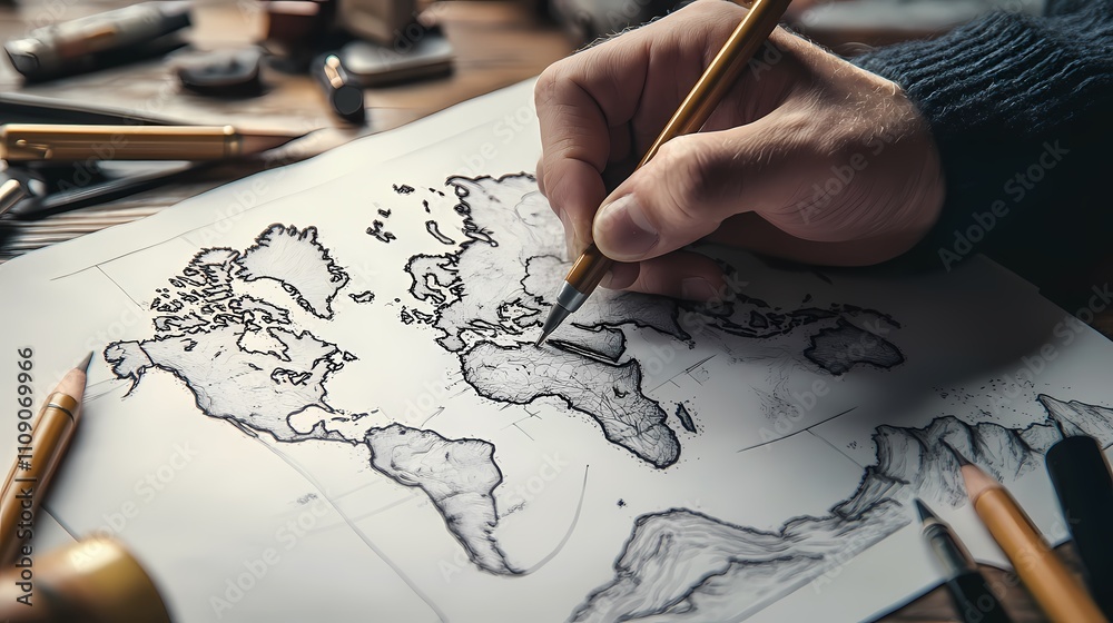 Hand Drawing a World Map on Paper Surrounded by Artistic Tools, Including Pencils and Erasers, Capturing the Essence of Creativity and Exploration Hand Drawing a World Map on Paper Surrounded by Artistic Tools, Including Pencils and Erasers, Capturing the Essence of Creativity and Exploration