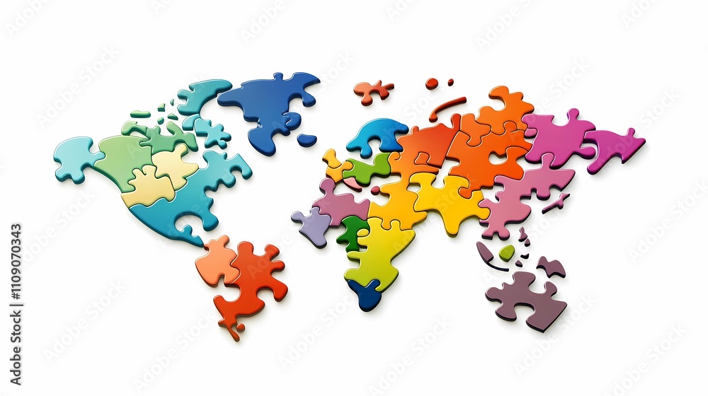 Fototapeta premium Colorful World Map Puzzle Pieces on a White Background Representing Global Diversity and Connection Through Unity in Collaboration and Learning