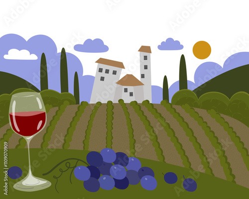 A glass of red wine against the backdrop of vineyards and a farm. Vector hand drawn illustration.