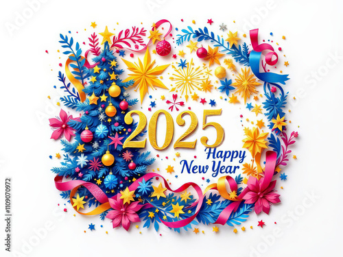 New Year's Eve paper cutout applique on a white background Holiday decorations. High quality illustration