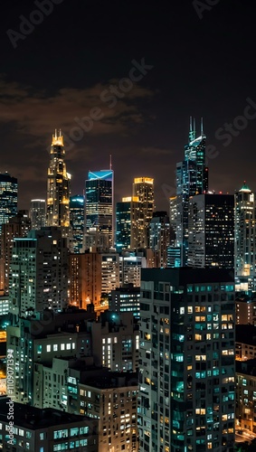 Vibrant city skyline at night with illuminated buildings.