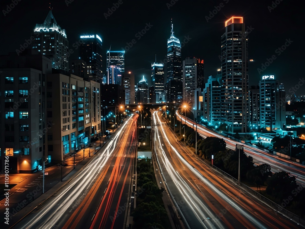 Fototapeta premium Vibrant cityscape at night with light trails.