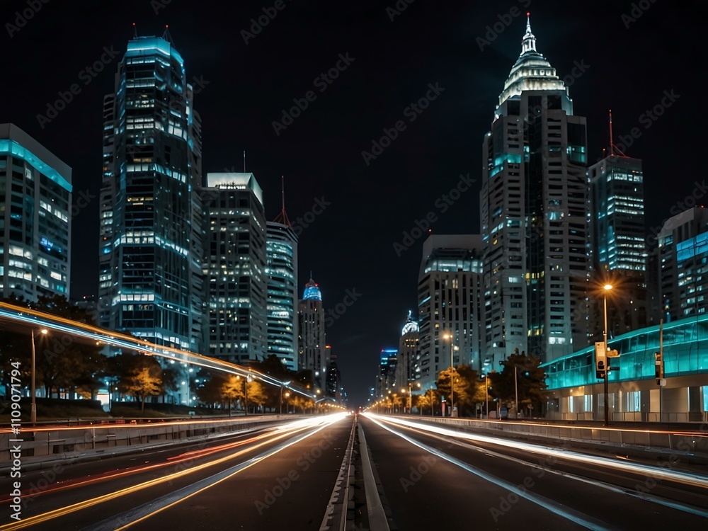Fototapeta premium Vibrant cityscape at night with light trails.