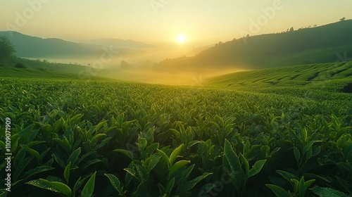 Sunrise Over Lush Green Tea Plantation Hills photo