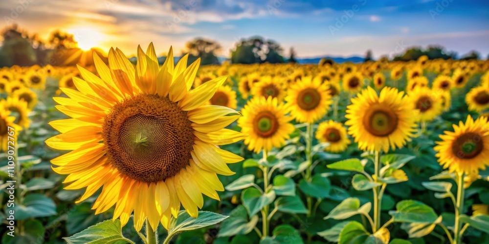 Obraz premium Vibrant sunflower field close up with golden flowers, sunflower, field, close up, vibrant, golden, agriculture, nature, botany