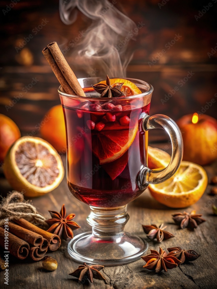 Steaming Glass of Deep Red Mulled Wine Garnished With Spices and Fruits. Generative AI Steaming Glass of Deep Red Mulled Wine Garnished With Spices and Fruits. Generative AI