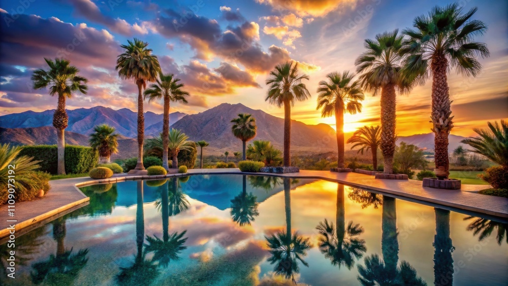 Fototapeta premium of a tranquil oasis sunset landscape with palm trees, pool, and mountains in the background, oasis, sunset, landscape