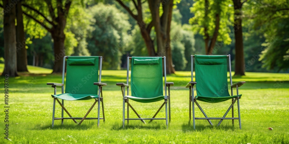 Obraz premium Three folding chairs set up in a green park , park, outdoors, relaxation, summer, seating, nature, leisure, picnic