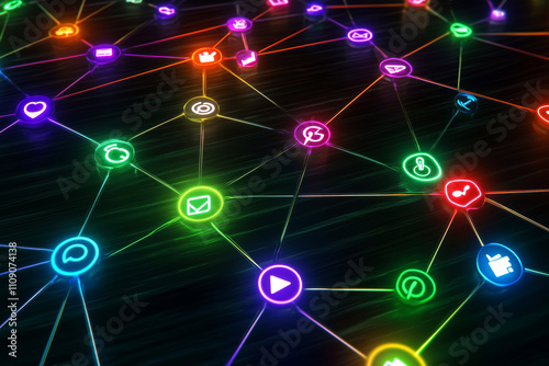 Artistic depiction of social media networks, with icons of popular platforms interconnected by glowing lines.