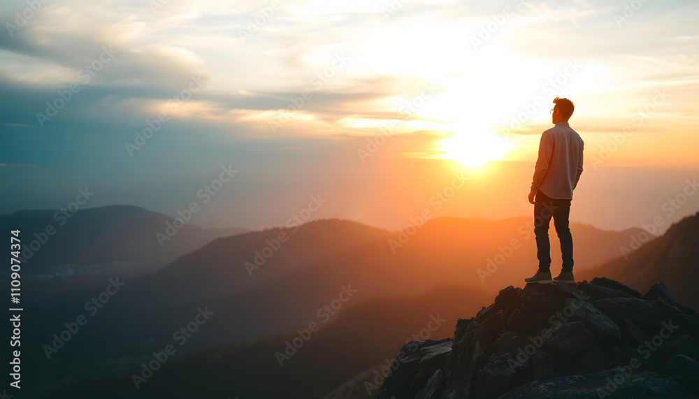 Fototapeta premium young man on edge of mountain feeling inspired hopeful looking out to the sunrise with a white accent, png