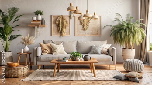 Wallpaper Mural Cozy living room with modern boho interior featuring light gray sofa, wooden table, and natural decorations, modern Torontodigital.ca