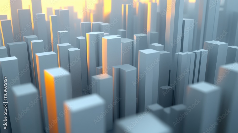 Fototapeta premium Abstract cityscape with glowing sunset reflections, AI