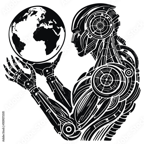 Modern black and white futuristic robot silhouette holding Earth globe. Ornamental robot silhouette with  with mechanical and technological patterns, lines. Trendy vector background. Isolated design.