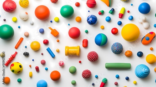 Colorful Collection of Various Round and Textured Toys Captured in a Flat Lay Arrangement on a Bright White Surface for Playful Marketing Imagery