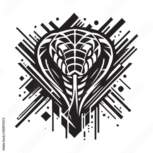 Bold black and white cobra snake head silhouette with dynamic stripes, intricate geometric shapes, lines. Vector isolated black snake on white background. Trendy ornate decorative design.