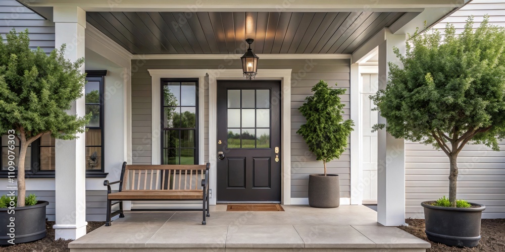 Fototapeta premium Modern farmhouse front porch with black door, bench, and tree, farmhouse, front porch, black door, bench, tree, modern