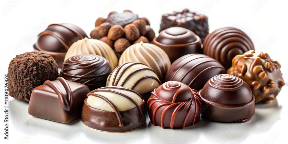 A variety of delicious chocolate candies isolated on a white background, chocolate, candies, assortment, sweet A variety of delicious chocolate candies isolated on a white background, chocolate, candies, assortment, sweet