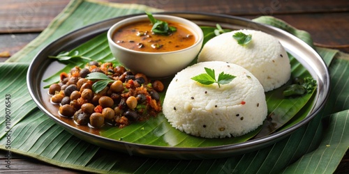 South Indian fusion dish Navara rice idly served with black chickpea curry , South Indian, fusion, dish, Navara rice photo
