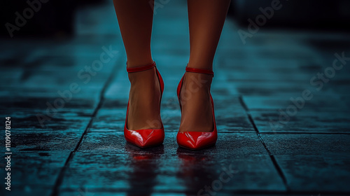 Elegant female legs in red high heels against a minimalistic background photo