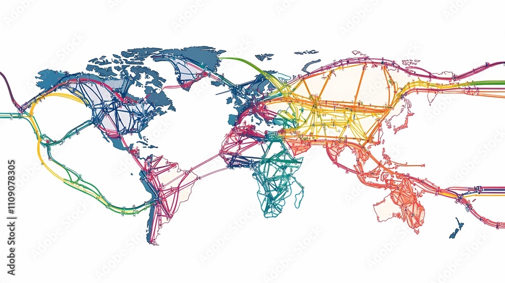 Fototapeta premium Global Network Infrastructure Map Illustrating International Data Connections and Communication Pathways Across Continents in a Colorful Visual Representation