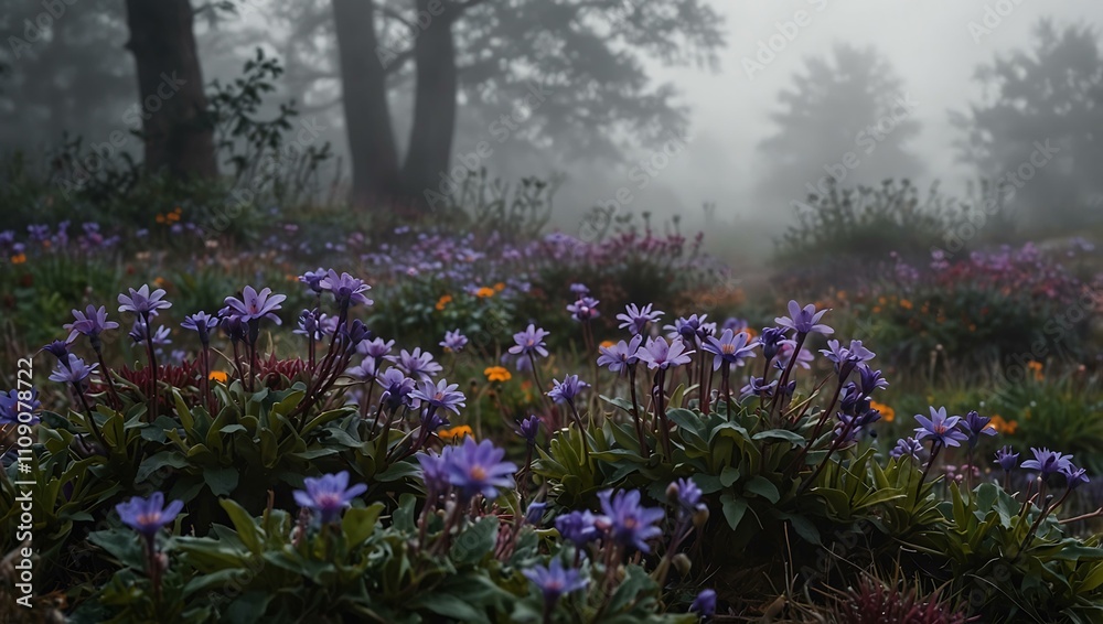 Naklejka premium Vibrant purple flowers in a misty setting.