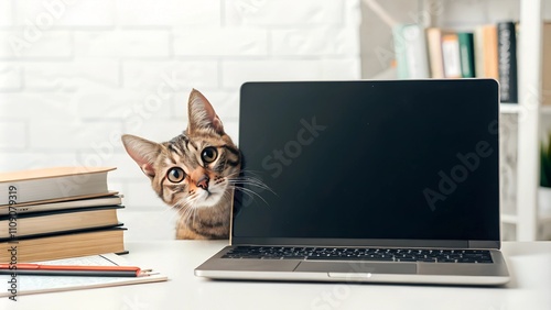 Curious Cat Peeking Behind Laptop - Work From Home Humor Template