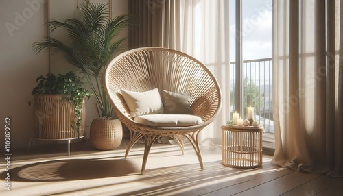 Wicker armchair with cushions in a cozy sunlit interior