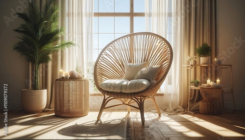 Wicker armchair with cushions in a cozy sunlit interior