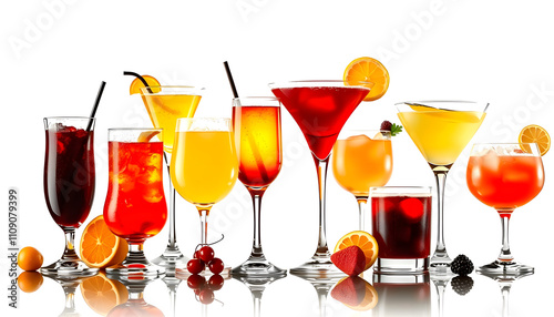 Horizontal assorted variety of sweet alcoholic cocktails collage with a white accent, png
