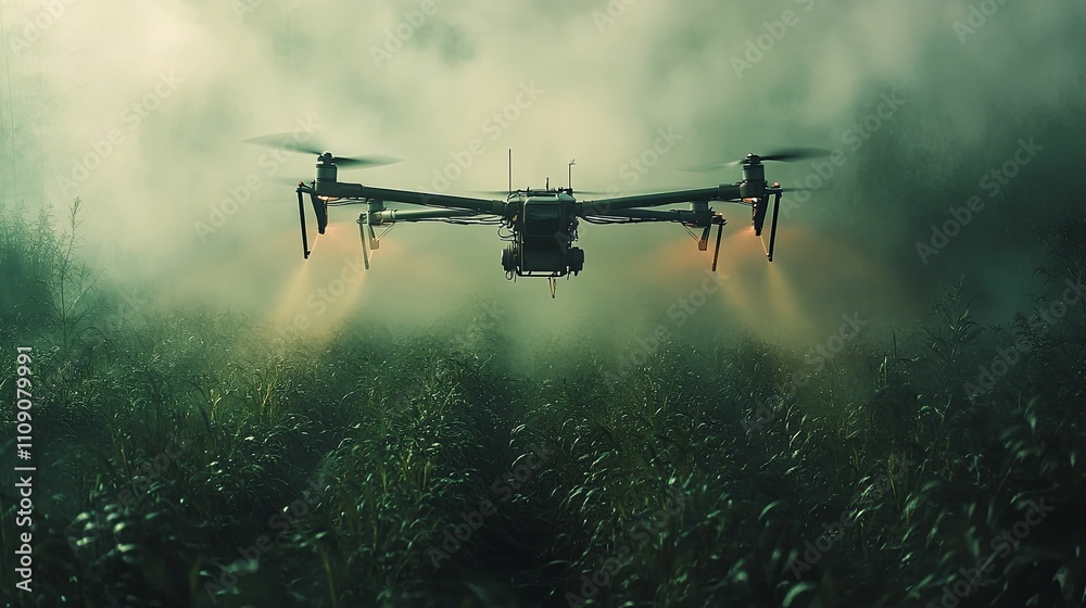 Drone spraying pesticide over a green field Drone spraying pesticide over a green field