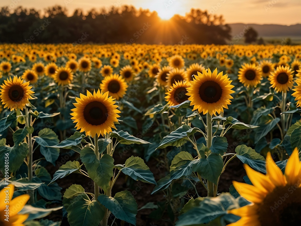 Fototapeta premium Vibrant sunflower field at sunset, emphasizing long shadows and details.