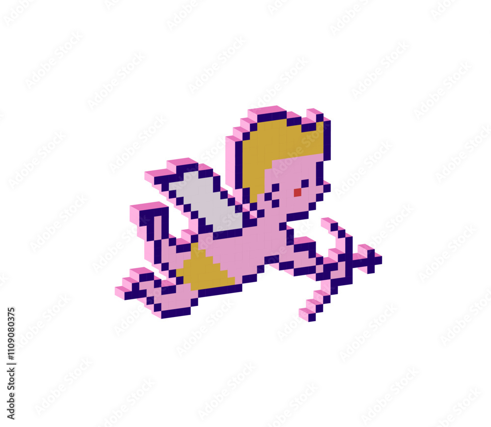Obraz premium 3D pixel art Cute Cupid with bow. Vector pixel 8bit child archer. Retro 80s 90s games decor for valentine's day. Pixel illustration of angel sticker on white background.