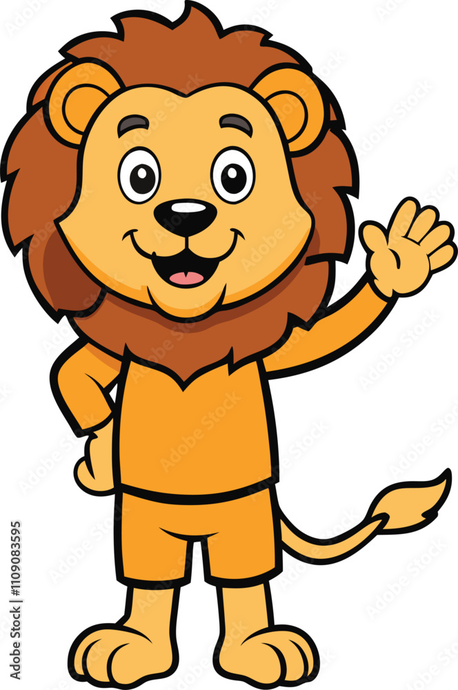 Obraz premium Friendly Lion Cartoon Illustration: A cheerful cartoon lion with a warm smile, waving hello