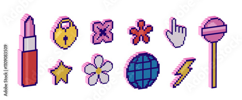 Set of pixel 3D elements.Modern trendy Y2K design , geometric three-dimensional figures and shapes. Pixel art. Retro decorations lipstick, lollipop, star, flower, lock, lightning and others.